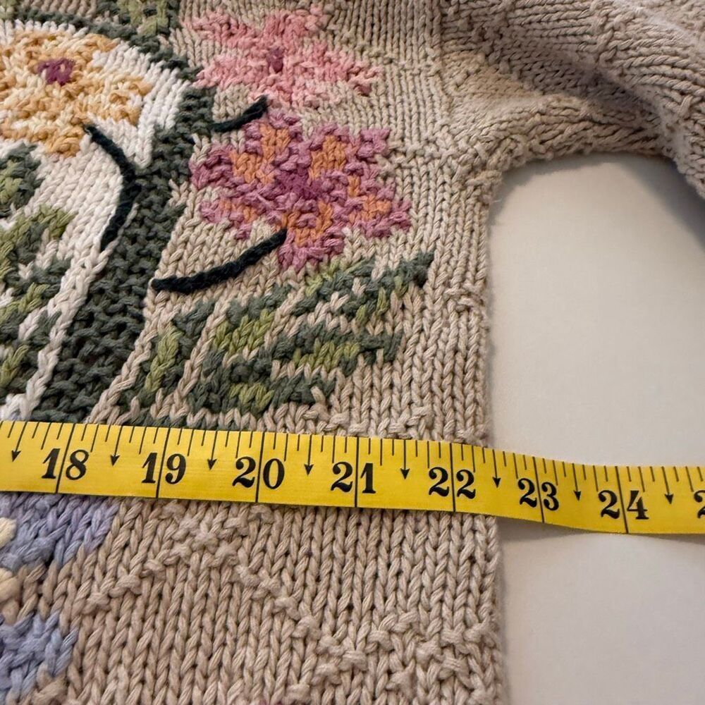 Vintage Rosanna Sweater Beige Floral Hand-knit Cotton Oversized Size L Slouchy - Picture 8 of 13